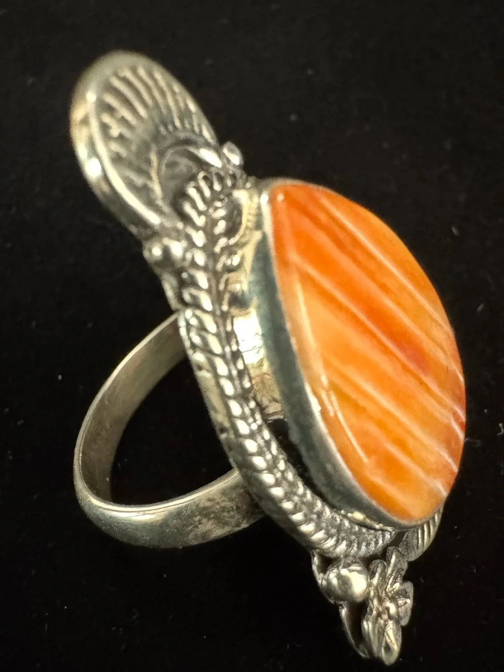 Sterling Silver genuine Orange spiny oyster Teardrop Statement Ring.